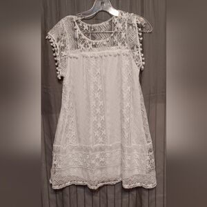 White Lace Size M Drop Waist Dress with Pom Pom Trim